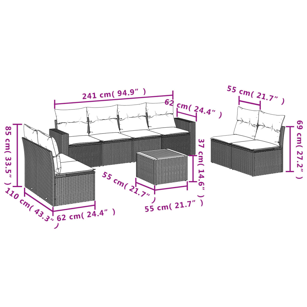 Set Divani da Giardino 9 pz con Cuscini Nero in Polyrattan | homemem39