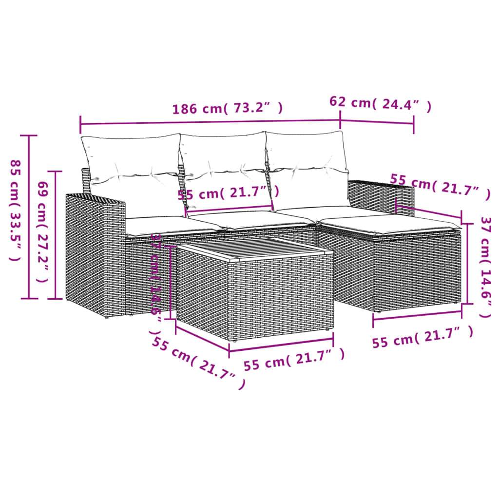 Set Divano da Giardino 5 pz con Cuscini Grigio in Polyrattan - homemem39