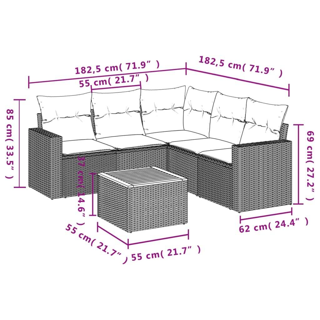 Set Divano da Giardino 6 pz con Cuscini Nero in Polyrattan | homemem39