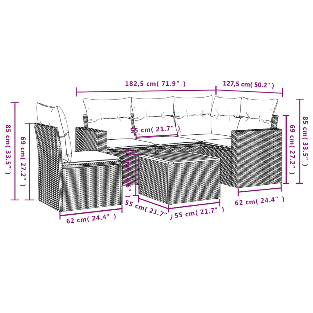 Set Divano da Giardino 6 pz con Cuscini Nero in Polyrattan | homemem39