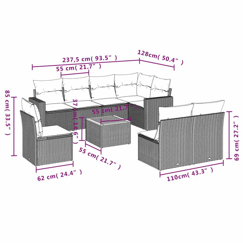 Set Divani da Giardino 9 pz con Cuscini Nero in Polyrattan | homemem39