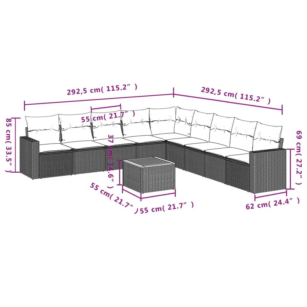 Set Divani da Giardino 10pz con Cuscini in Polyrattan Nero | homemem39