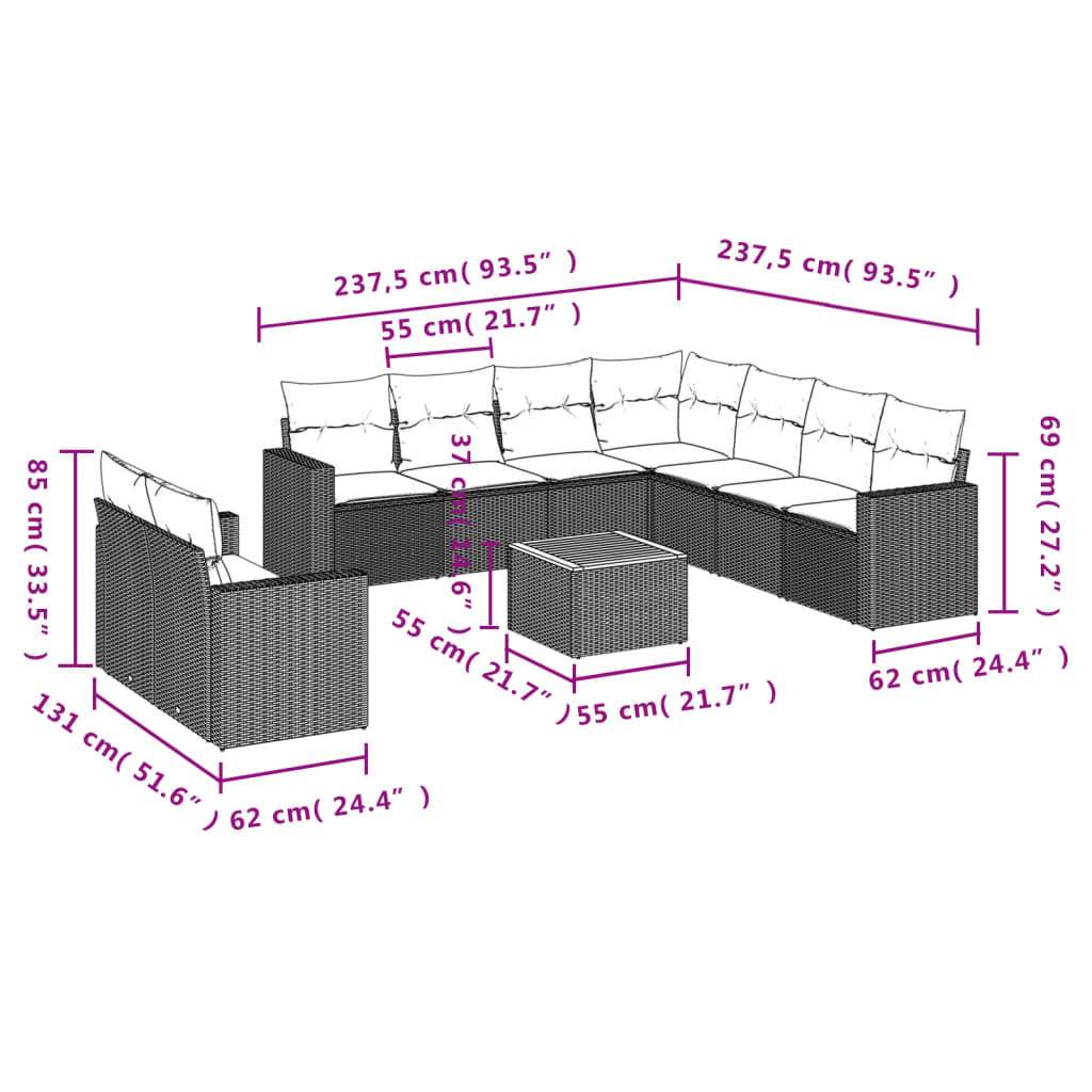 Set Divani da Giardino 10pz con Cuscini in Polyrattan Nero | homemem39