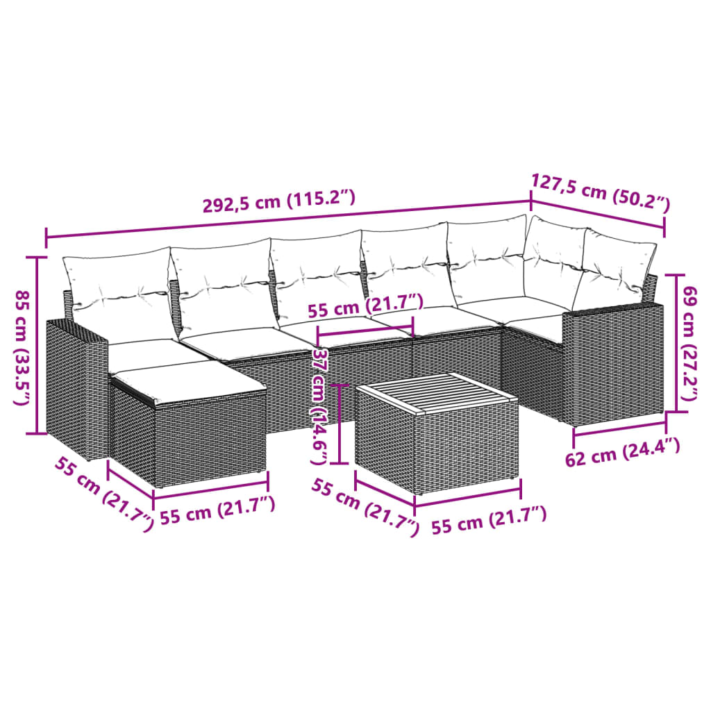 Set Divano da Giardino 8 pz con Cuscini Beige in Polyrattan | homemem39