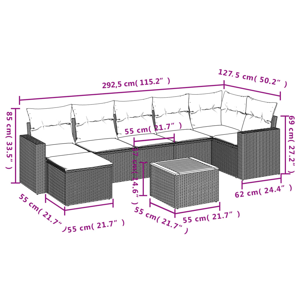 Set Divano da Giardino 8 pz con Cuscini Grigio in Polyrattan | homemem39