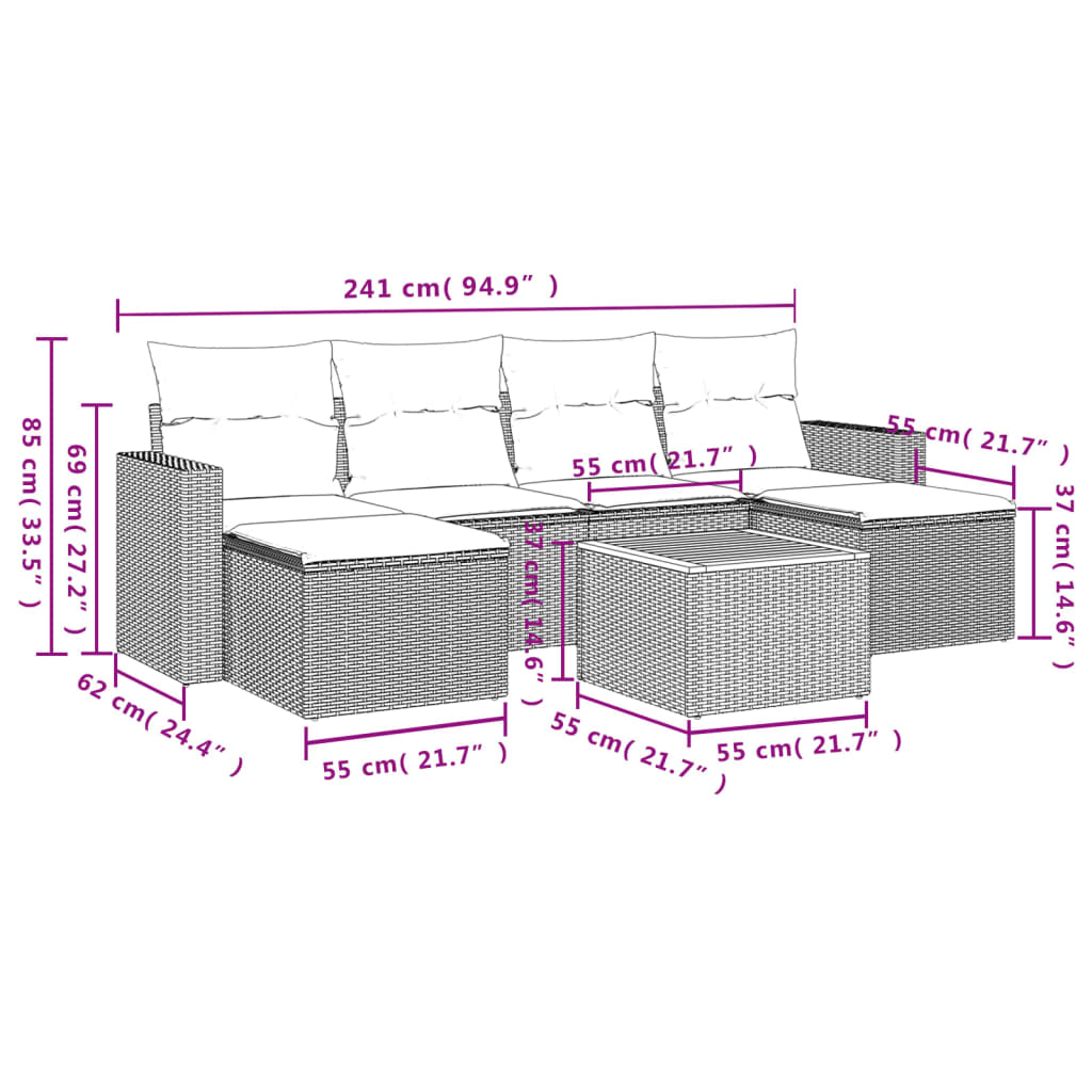 Set Divani da Giardino 7 pz con Cuscini Grigio in Polyrattan | homemem39