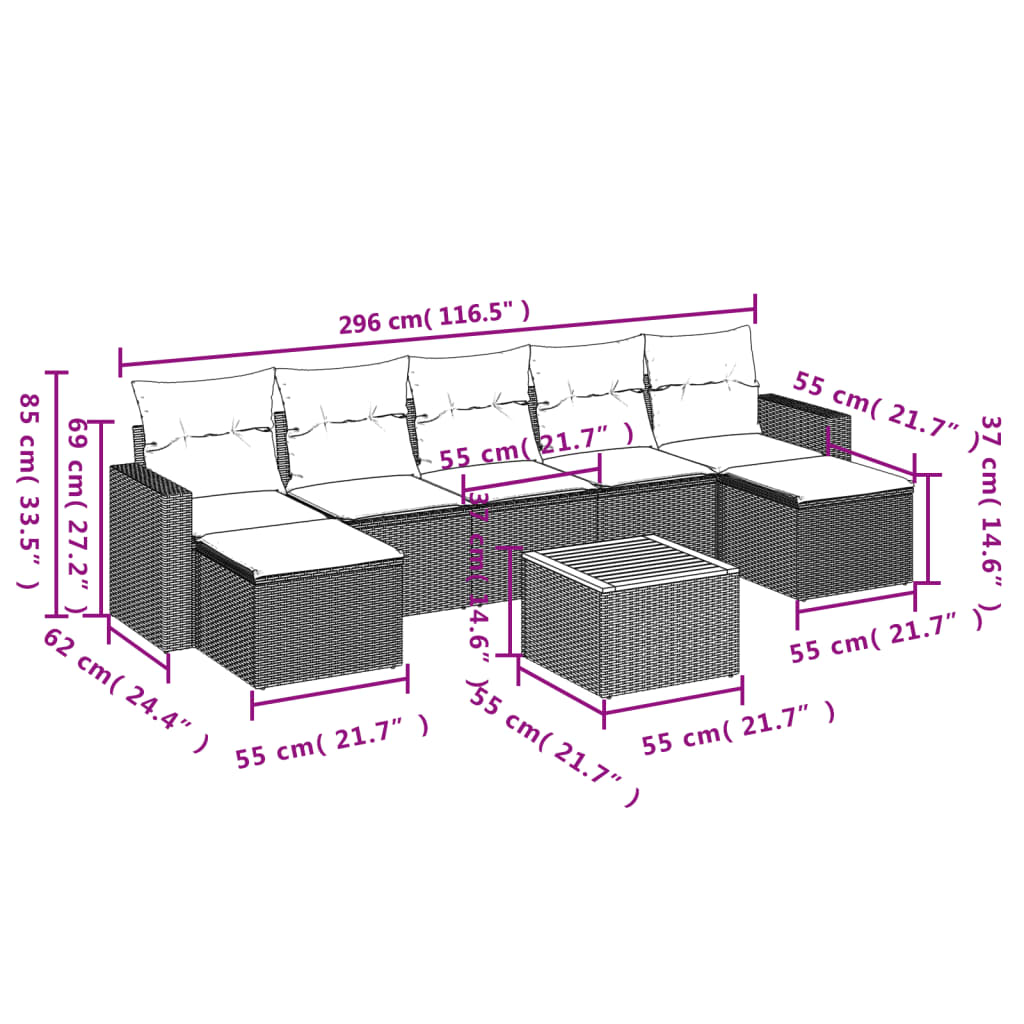 Set Divano da Giardino 8 pz con Cuscini Beige in Polyrattan | homemem39