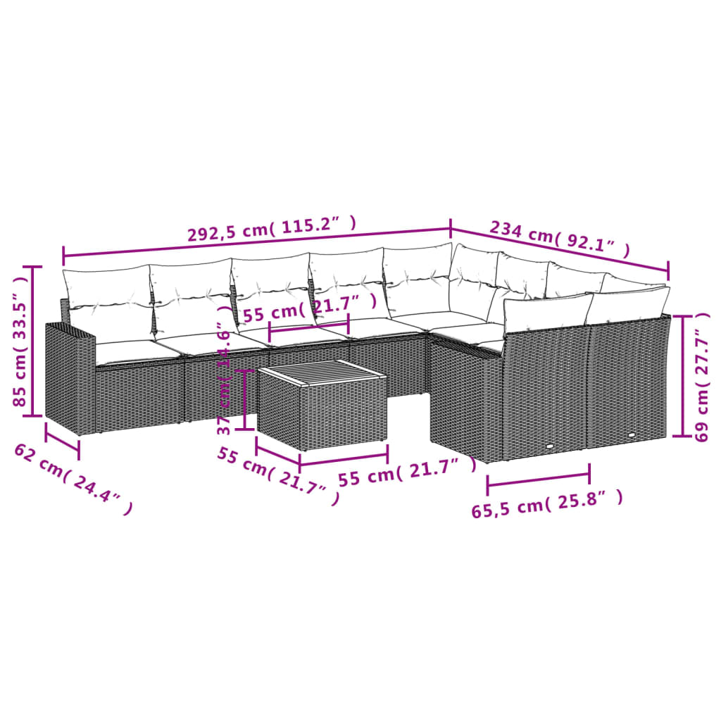 Set Divano da Giardino 10 pz con Cuscini Beige in Polyrattan | homemem39