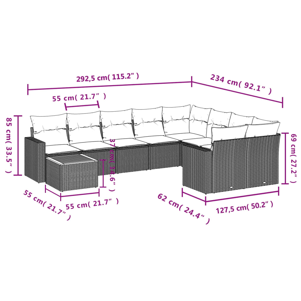 Set Divani da Giardino 10pz con Cuscini in Polyrattan Nero | homemem39