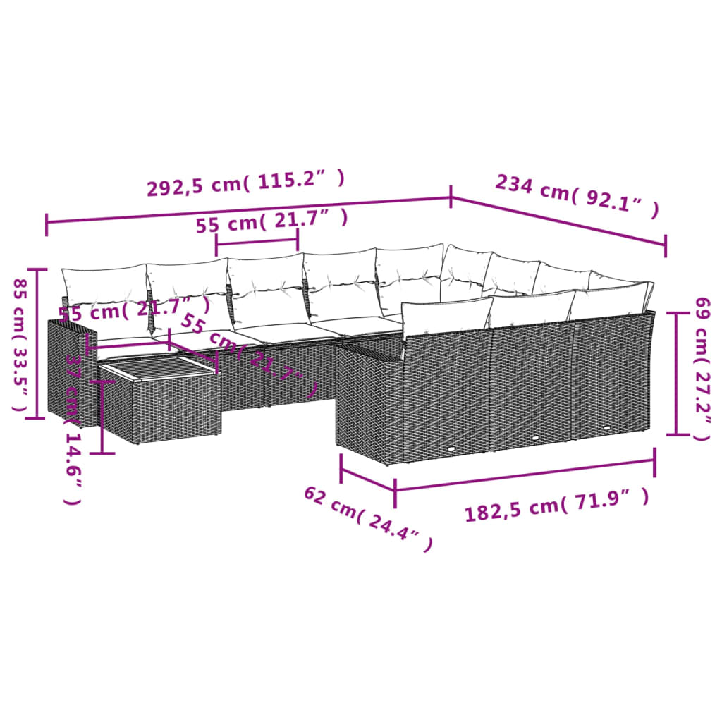 Set Divani da Giardino 11 pz con Cuscini in Polyrattan Nero | homemem39