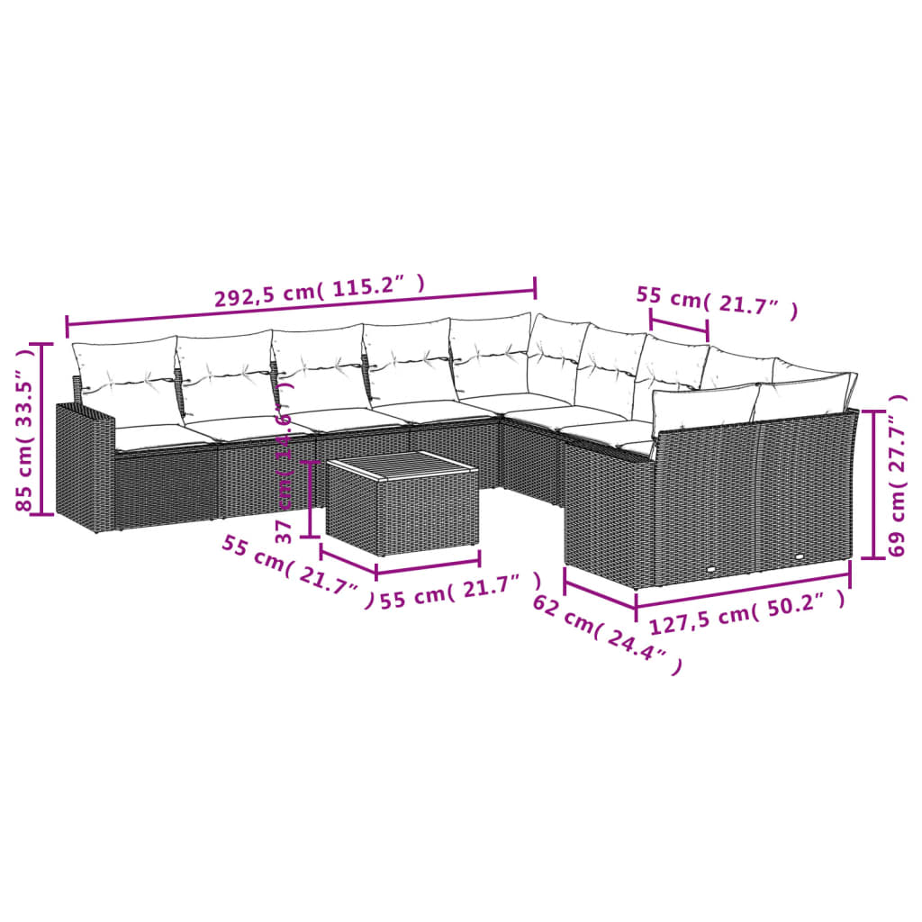 Set Divani da Giardino 11 pz con Cuscini Beige in Polyrattan | homemem39