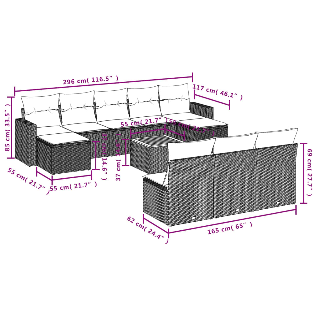 Set Divani da Giardino 11 pz con Cuscini in Polyrattan Nero | homemem39