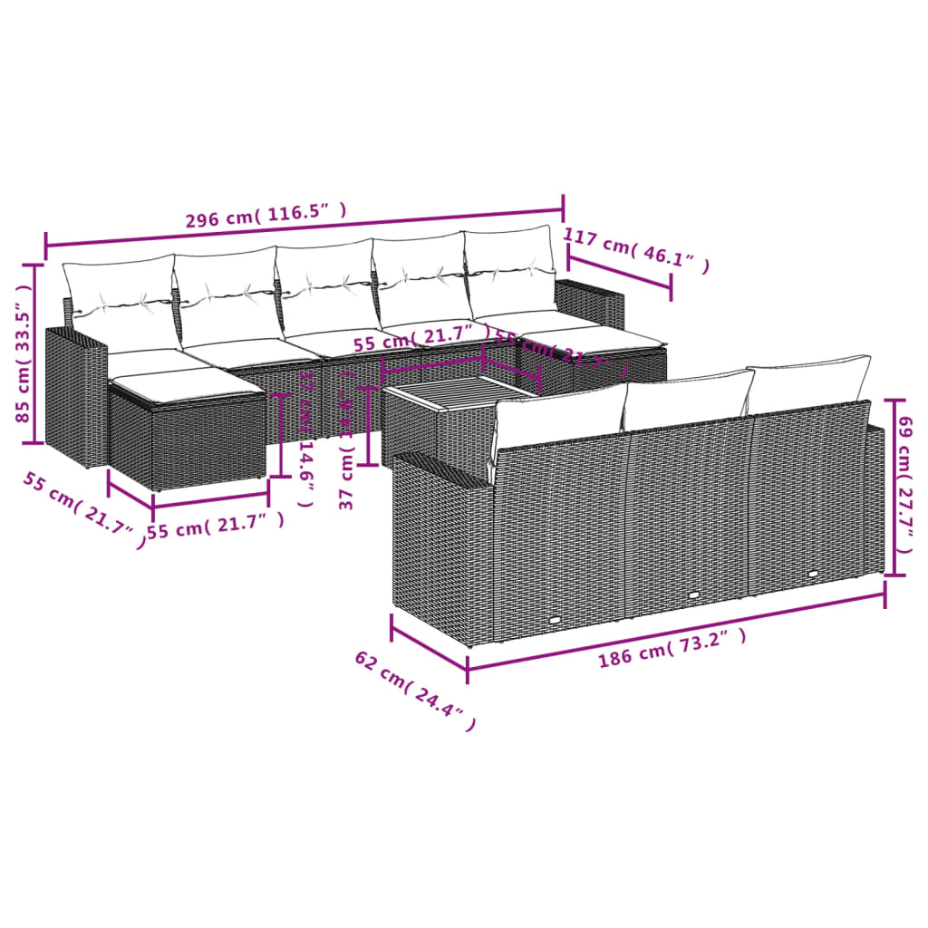 Set Divani da Giardino 11 pz con Cuscini Beige in Polyrattan | homemem39