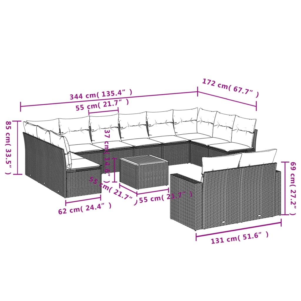Set Divani da Giardino 13pz con Cuscini Nero in Polyrattan | homemem39