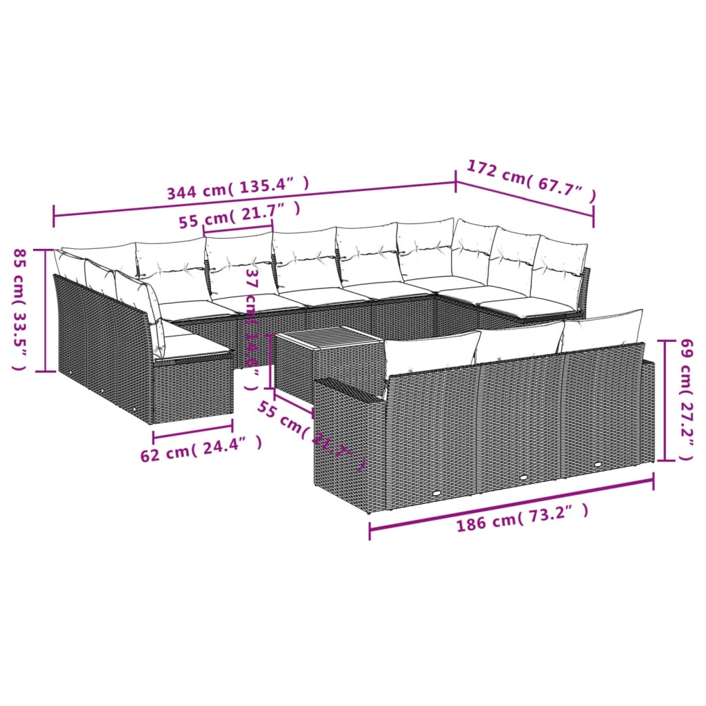 Set Divani da Giardino 14pz con Cuscini in Polyrattan Nero | homemem39