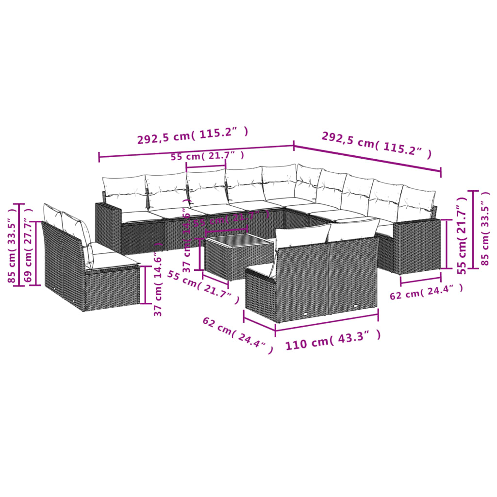 Set Divani da Giardino 14pz con Cuscini in Polyrattan Nero | homemem39