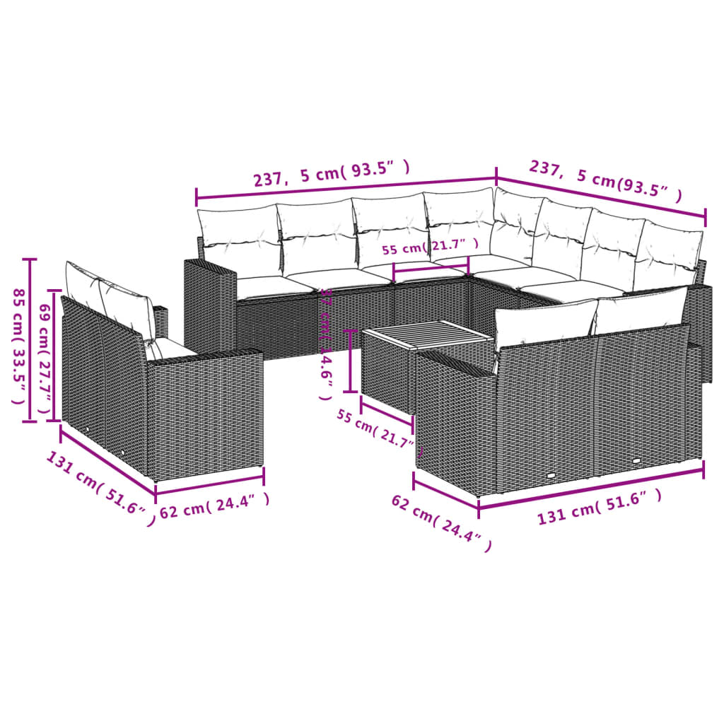 Set Divani da Giardino 12 pz con Cuscini Nero in Polyrattan | homemem39