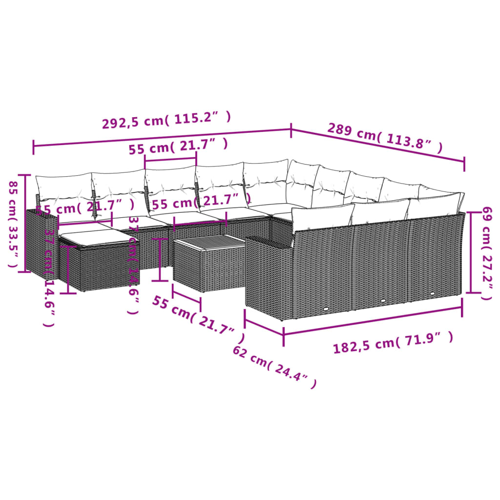 Set Divani da Giardino 13 pz con Cuscini Grigio in Polyrattan | homemem39