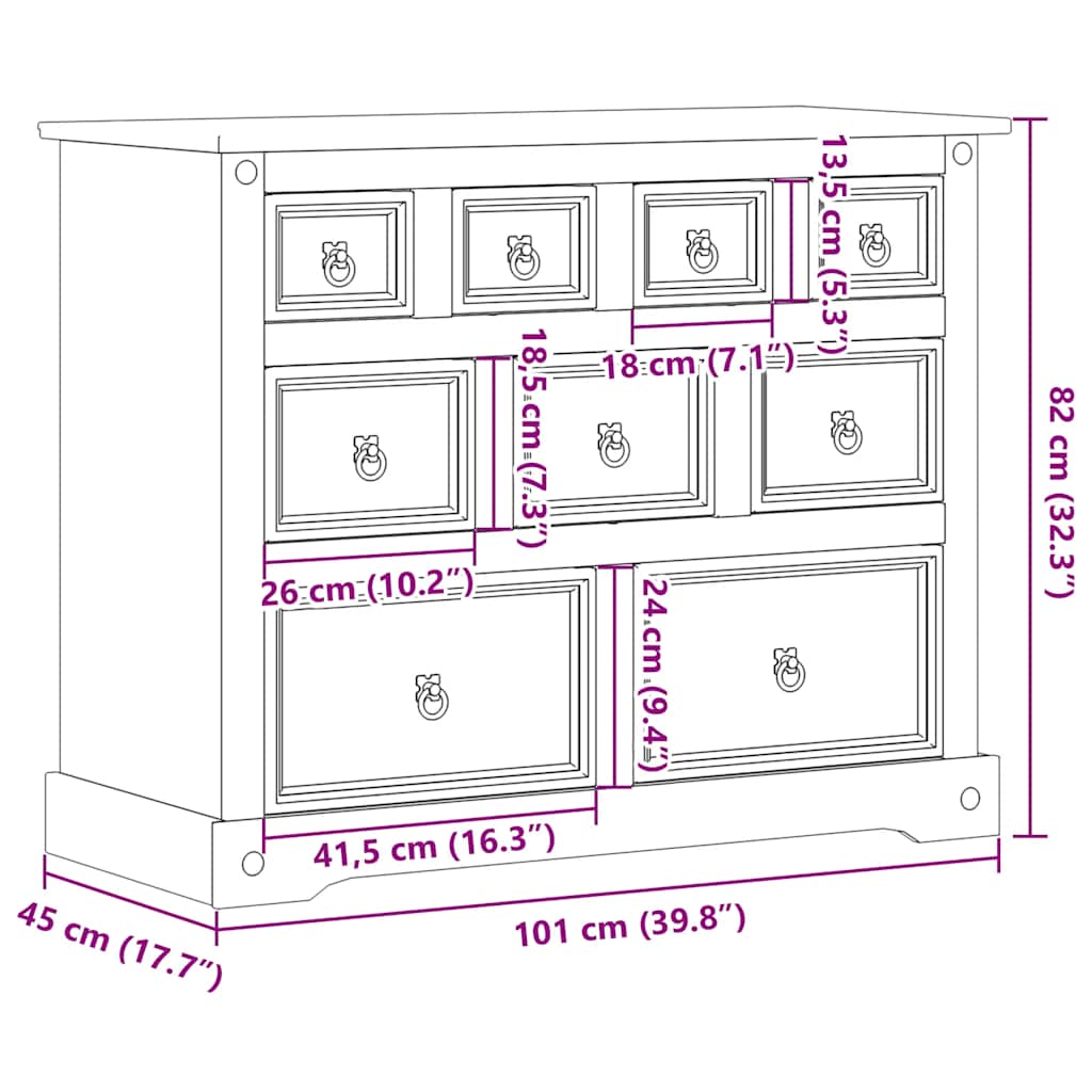 Cassettiera Corona 101x45x82 cm in Legno Massello di Pino