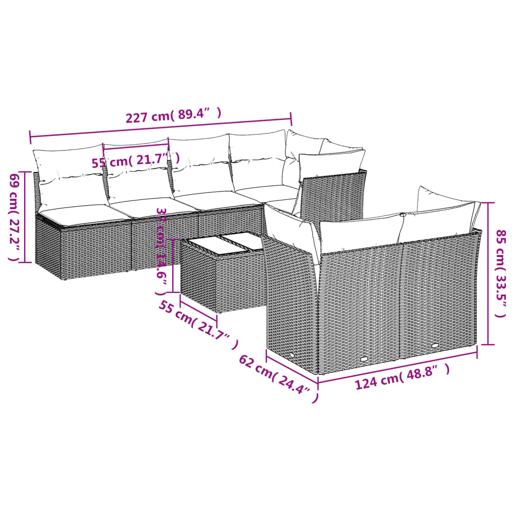 Set Divani da Giardino con Cuscini 8 pz Nero in Polyrattan | homemem39