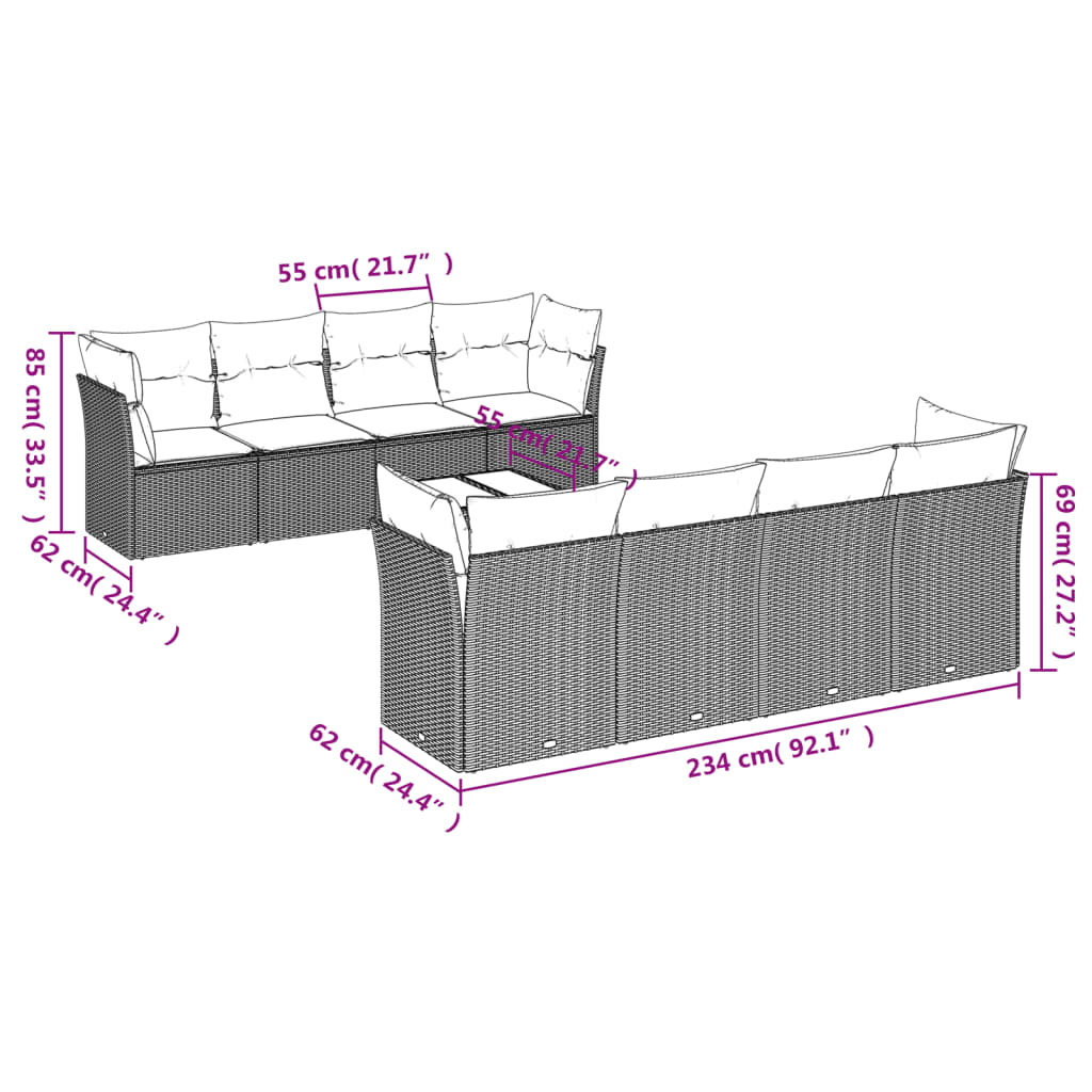 Set Divani da Giardino 9 pz con Cuscini Nero in Polyrattan