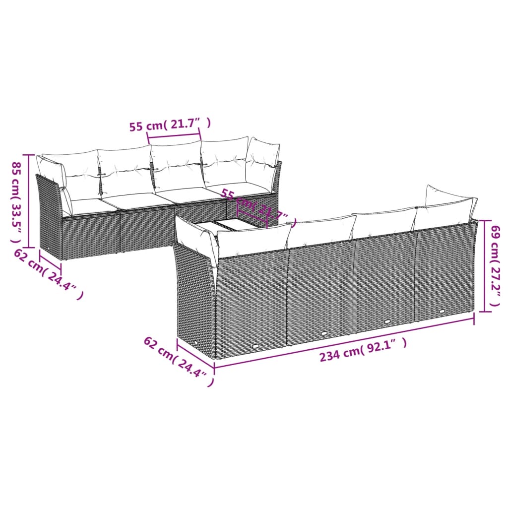 Set Divano da Giardino 9pz con Cuscini Grigio Chiaro Polyrattan | homemem39