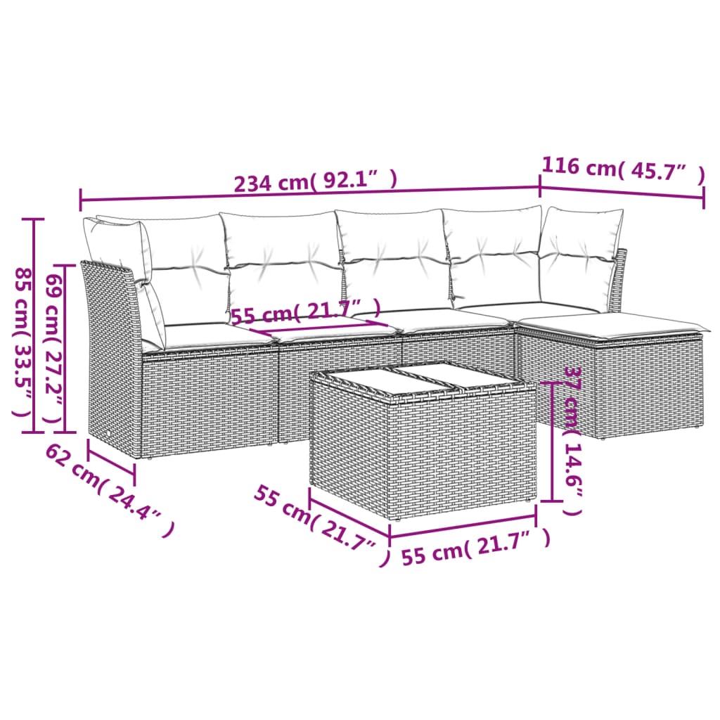 Set Divano da Giardino 6 pz con Cuscini Grigio in Polyrattan