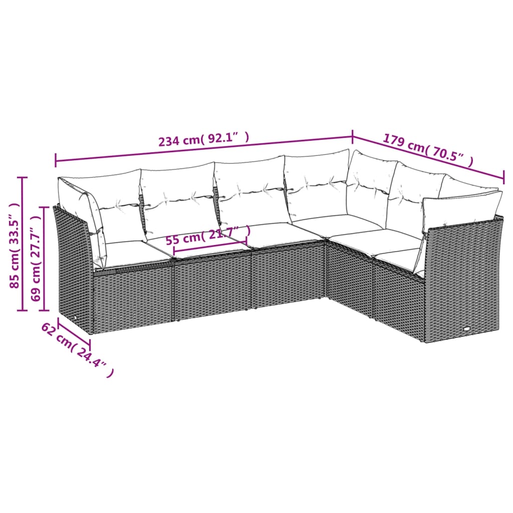 Set Divano da Giardino 6 pz con Cuscini Grigio in Polyrattan | homemem39