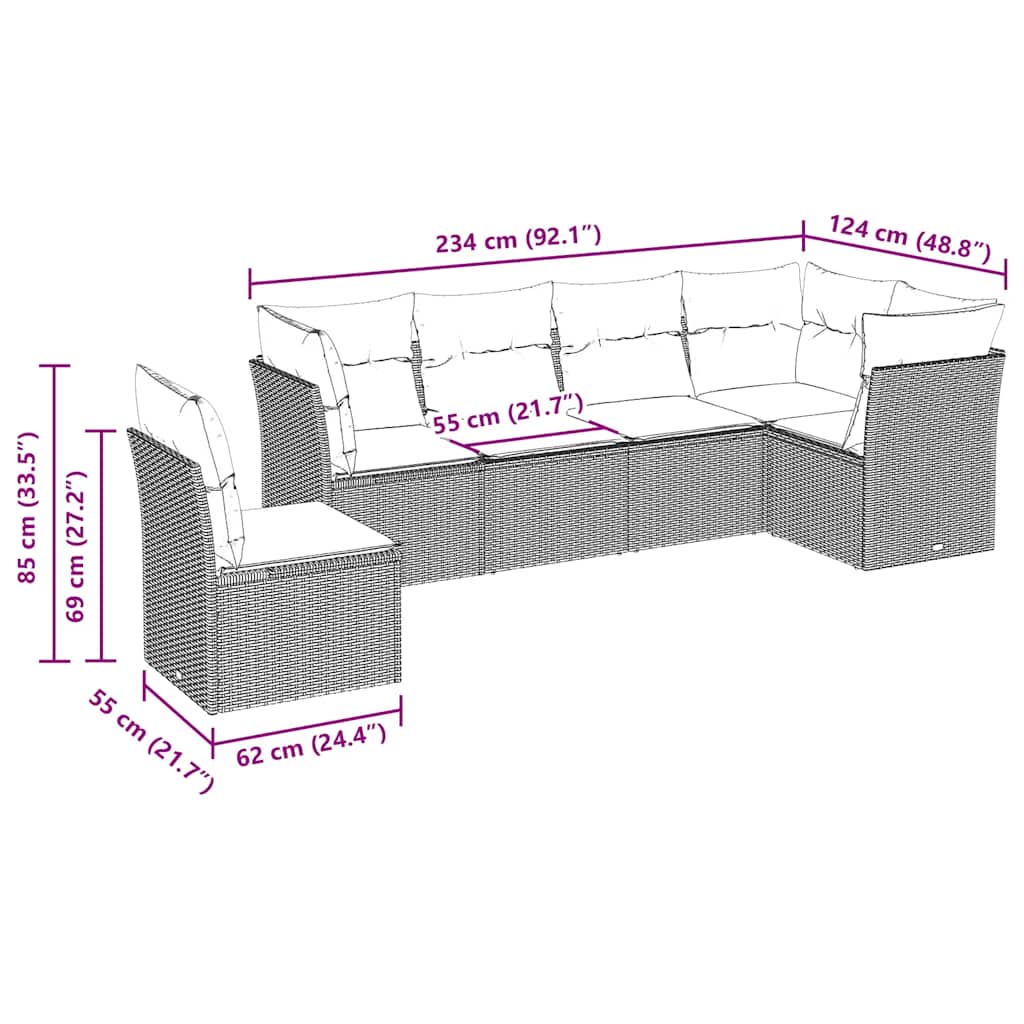 Set Divano da Giardino 6 pz con Cuscini Nero in Polyrattan