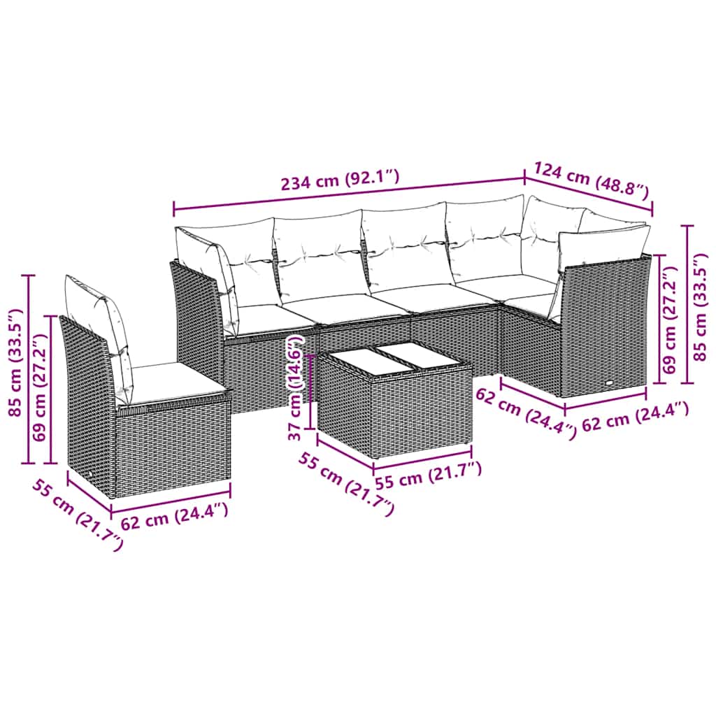 Set Divani da Giardino 7pz con Cuscini Grigio Chiaro Polyrattan