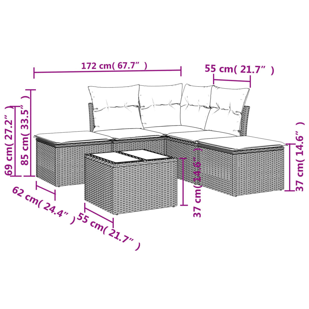 Set Divano da Giardino 6 pz con Cuscini Marrone in Polyrattan | homemem39
