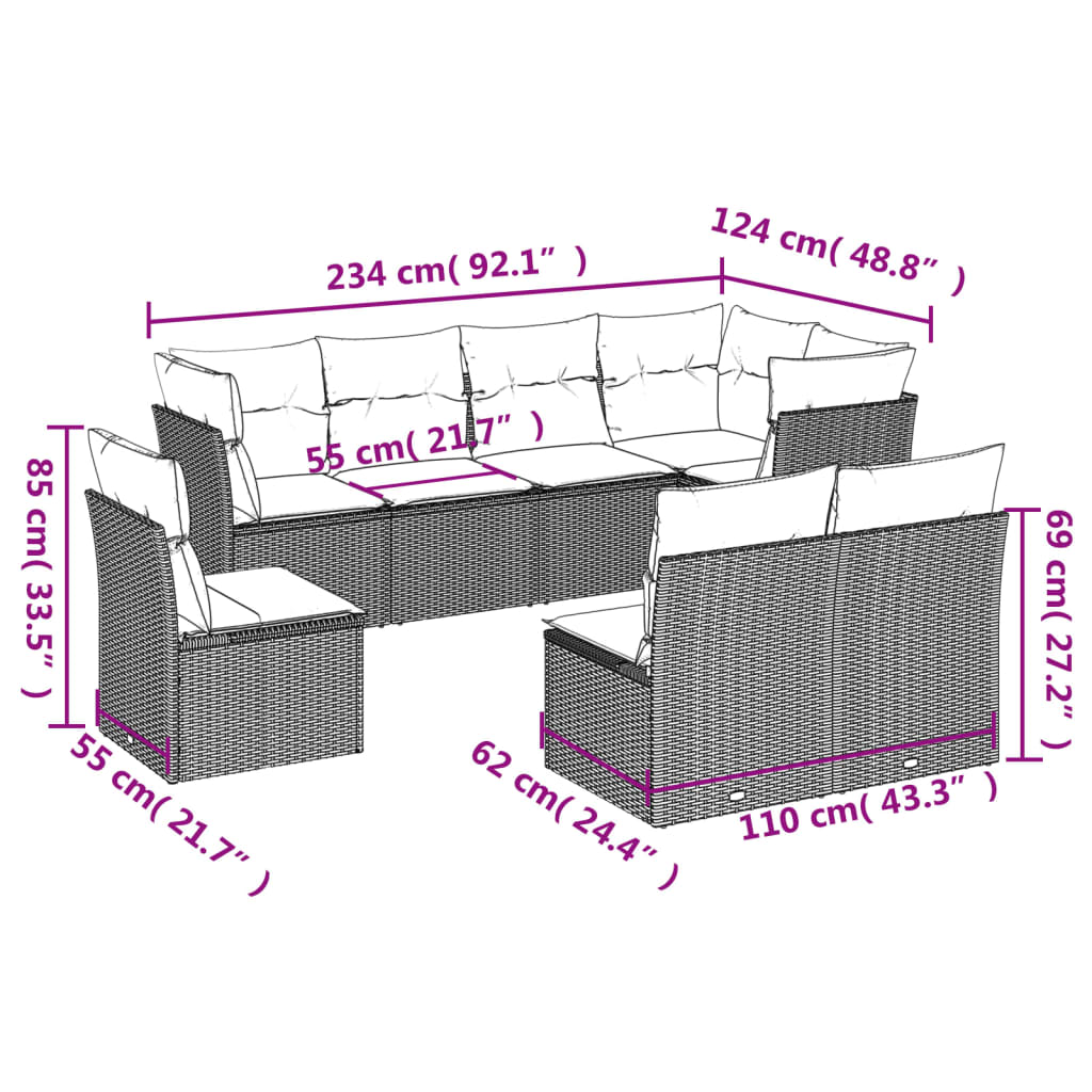 Set Divani da Giardino 8 pz con Cuscini Marrone in Polyrattan | homemem39