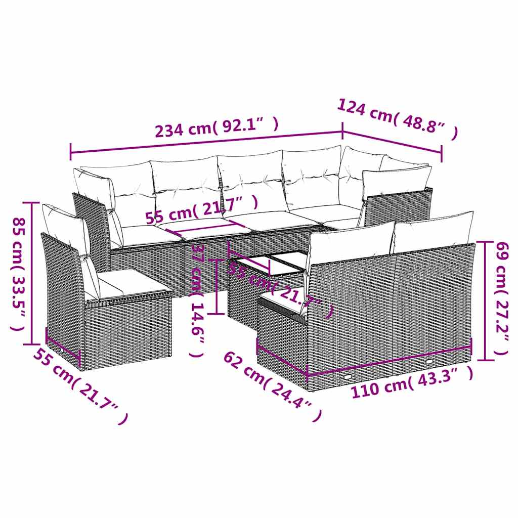 Set Divani da Giardino 9 pz con Cuscini Nero in Polyrattan | homemem39