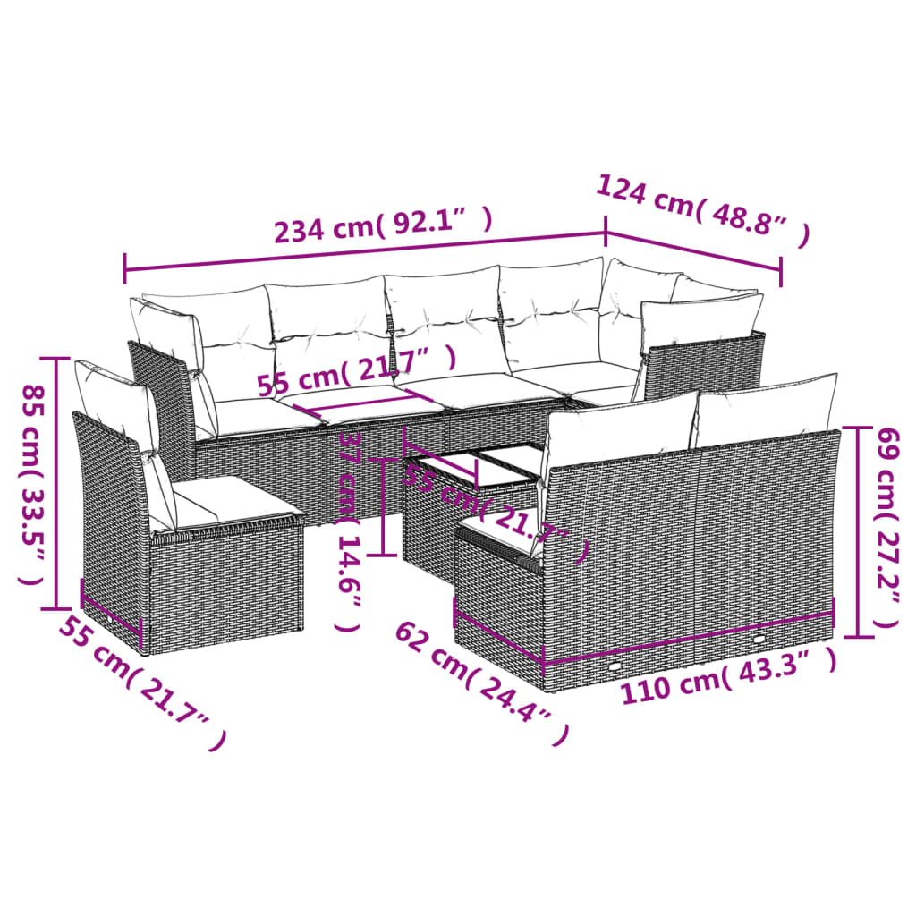 Set Divani da Giardino 9 pz con Cuscini Nero in Polyrattan | homemem39