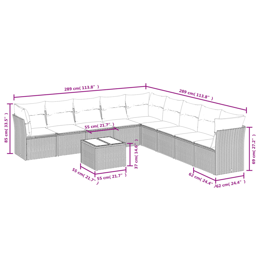 Set Divani da Giardino 10pz con Cuscini in Polyrattan Nero | homemem39