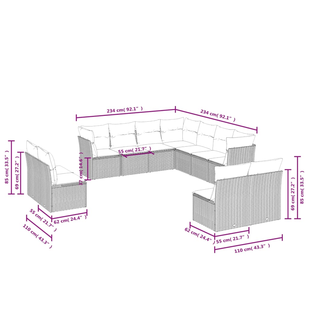 Set Divani da Giardino 11 pz con Cuscini in Polyrattan Grigio | homemem39