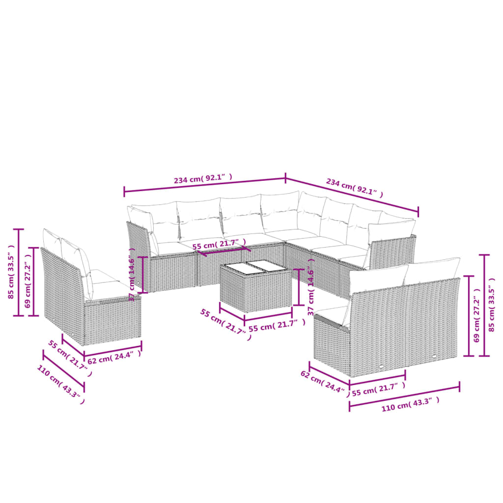 Set Divani da Giardino 12 pz con Cuscini Grigio in Polyrattan | homemem39