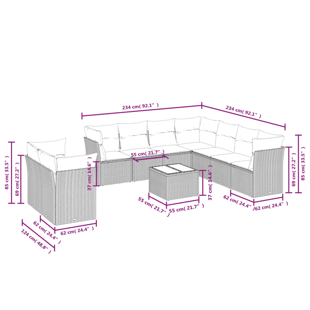 Set Divani da Giardino 10pz con Cuscini in Polyrattan Nero | homemem39