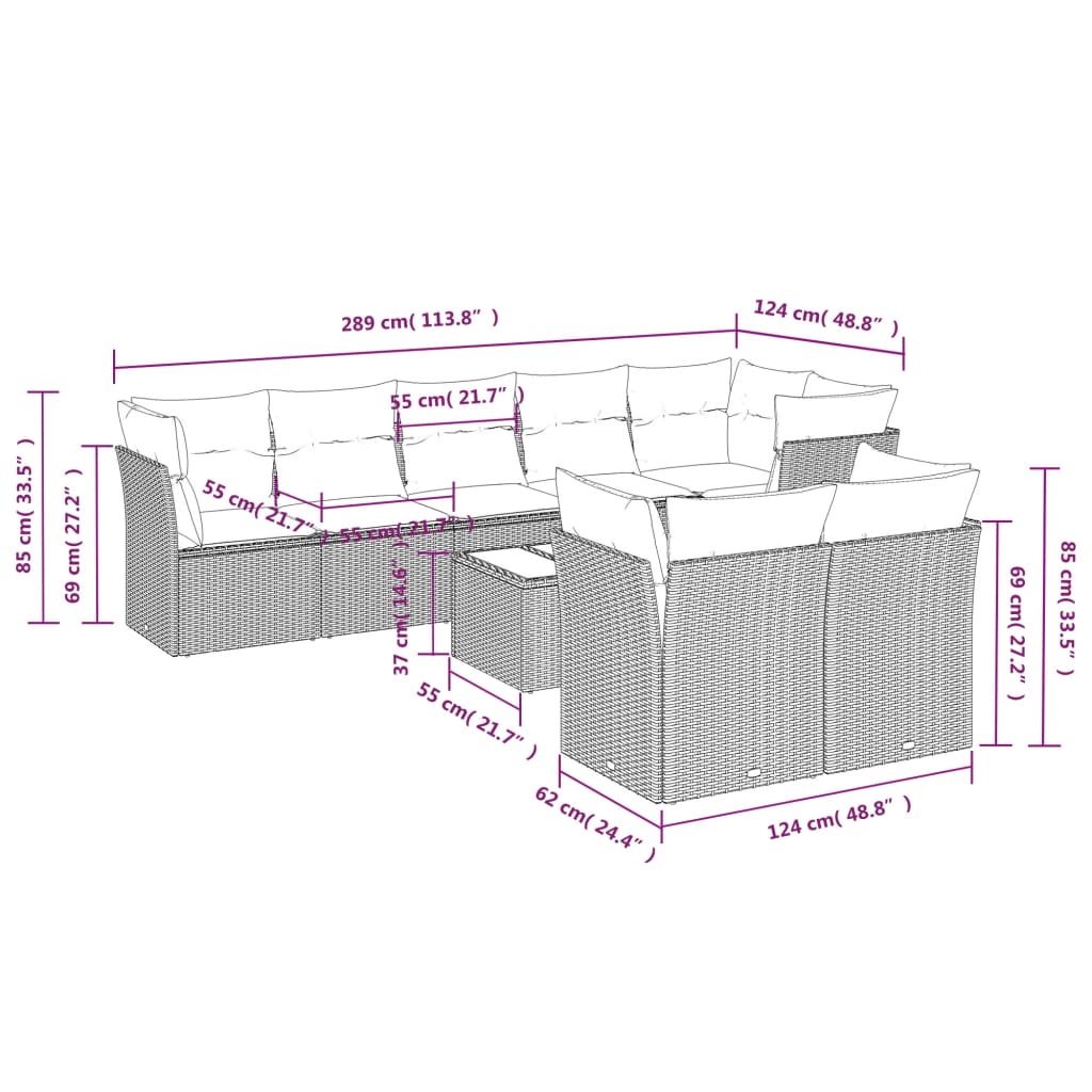 Set Divano da Giardino 9pz con Cuscini Grigio Chiaro Polyrattan | homemem39