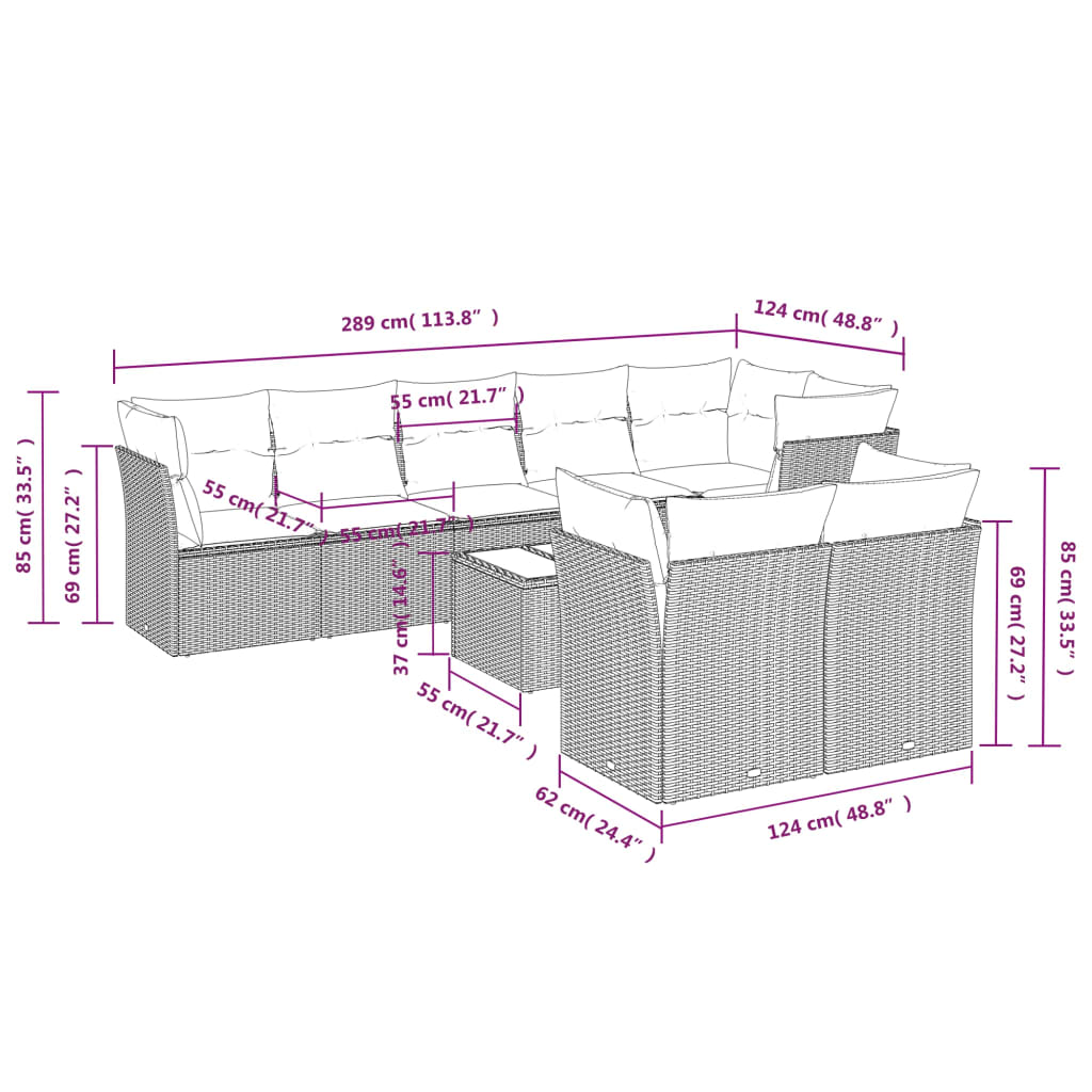 Set Divani da Giardino 9pz con Cuscini Marrone in Polyrattan | homemem39