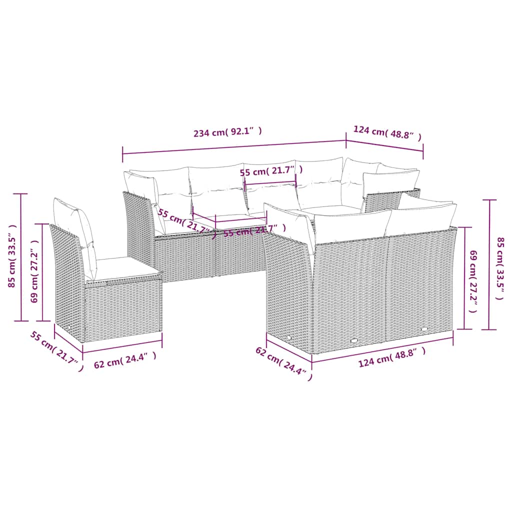 Set Divani da Giardino con Cuscini 8 pz Nero in Polyrattan