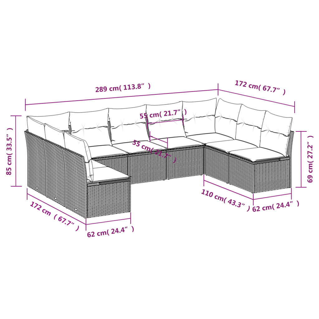 Set Divani da Giardino 9pz con Cuscini Marrone in Polyrattan | homemem39