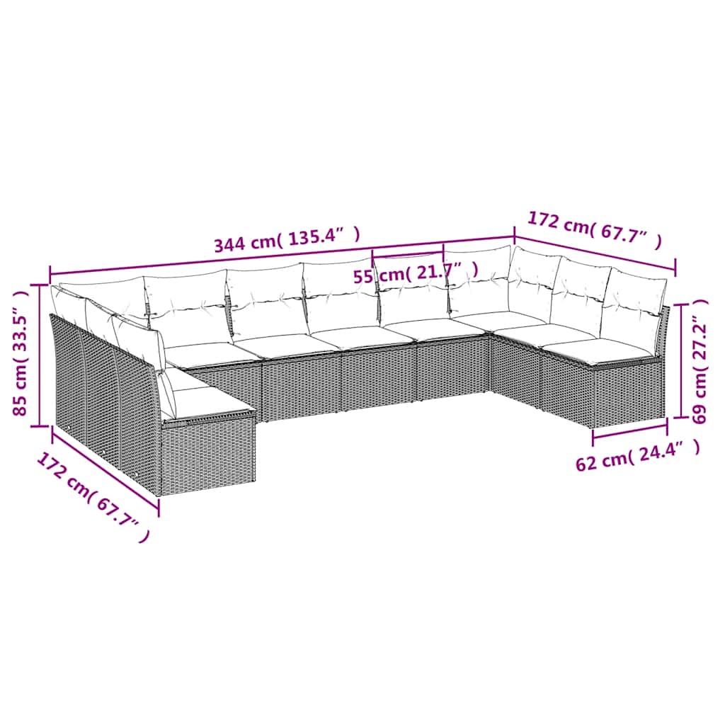 Set Divani da Giardino 10pz con Cuscini in Polyrattan Nero
