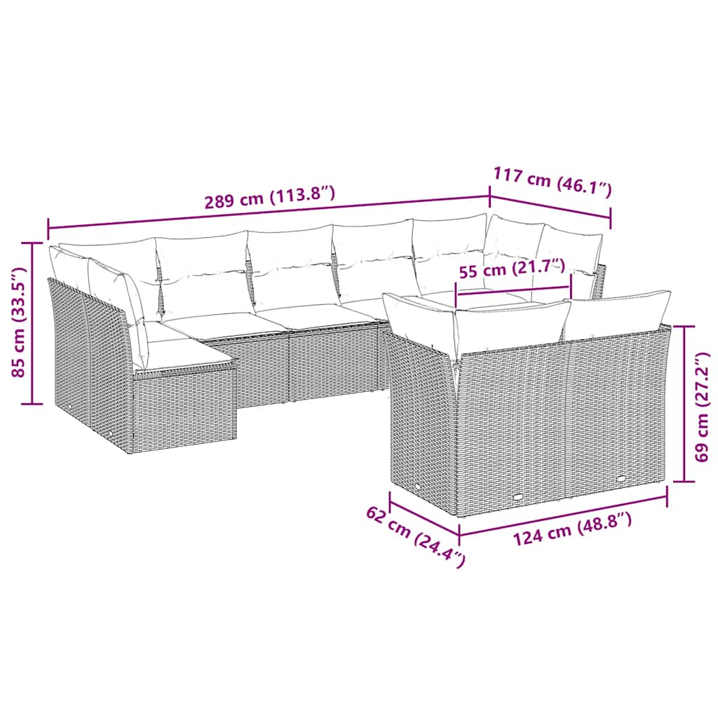 Set Divano da Giardino 9pz con Cuscini Grigio Chiaro Polyrattan | homemem39