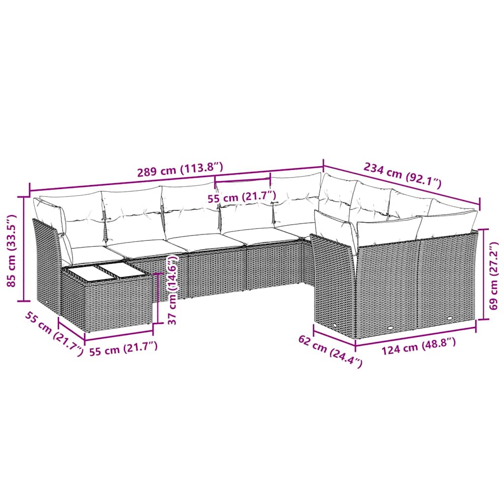Set Divano Giardino 10 pz con Cuscini Grigio Chiaro Polyrattan | homemem39