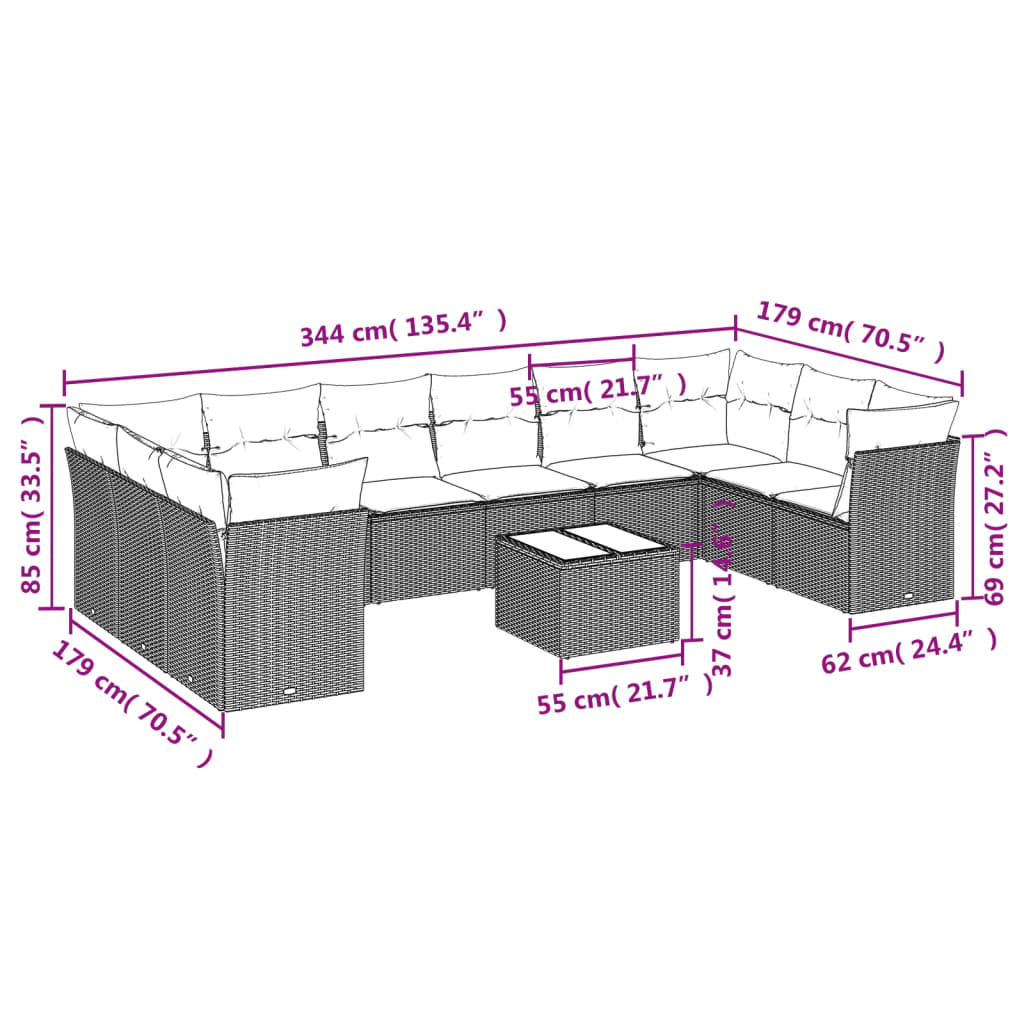 Set Divani da Giardino 11 pz con Cuscini in Polyrattan Nero | homemem39