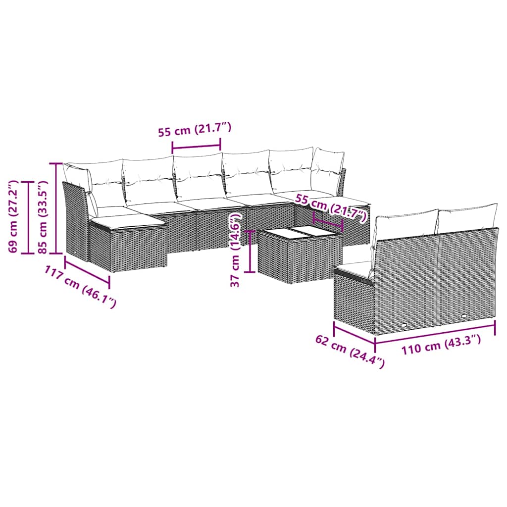 Set Divani da Giardino 10pz con Cuscini in Polyrattan Nero