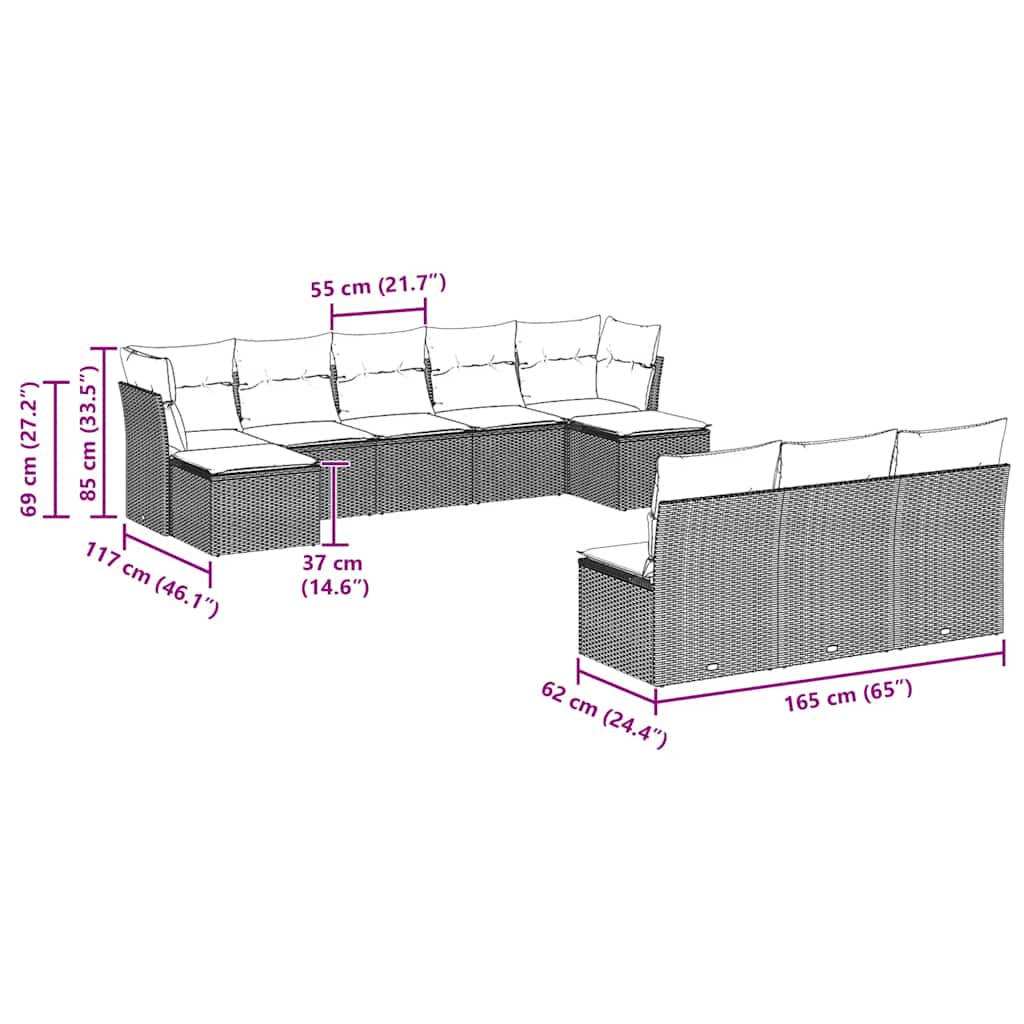 Set Divano Giardino 10 pz con Cuscini Grigio Chiaro Polyrattan