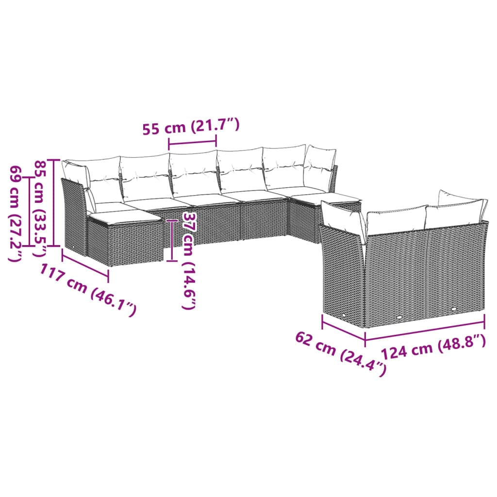 Set Divano da Giardino 9pz con Cuscini Grigio Chiaro Polyrattan | homemem39