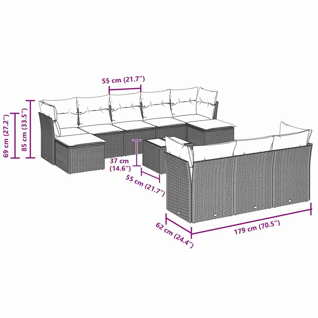 Set Divani da Giardino 11 pz con Cuscini in Polyrattan Grigio